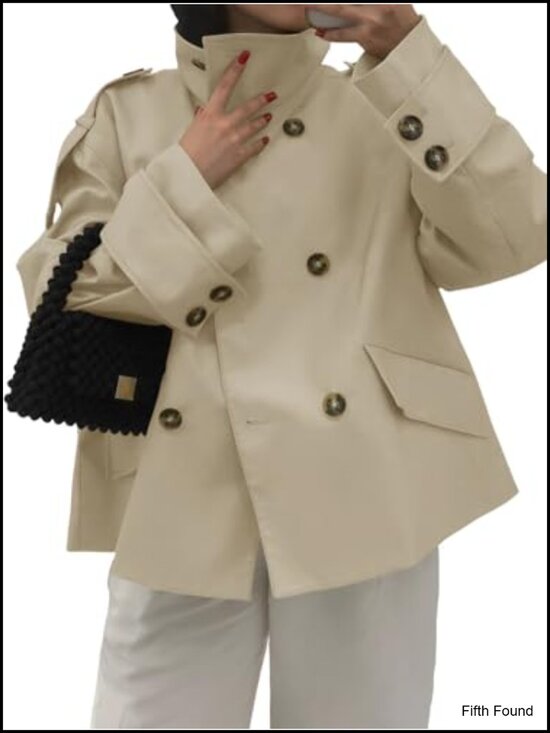 Jackets & Blazers - Cropped Trench Coat Oversized Double Breasted Funnel Neck Stand Collar Button